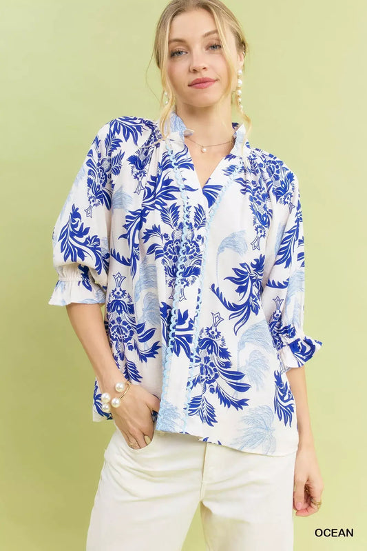 Umgee Leafy Damask Print Blouse with Contrast Scalloped Trim Detail - OCEAN / S - Print Blouse with Contrast Scalloped