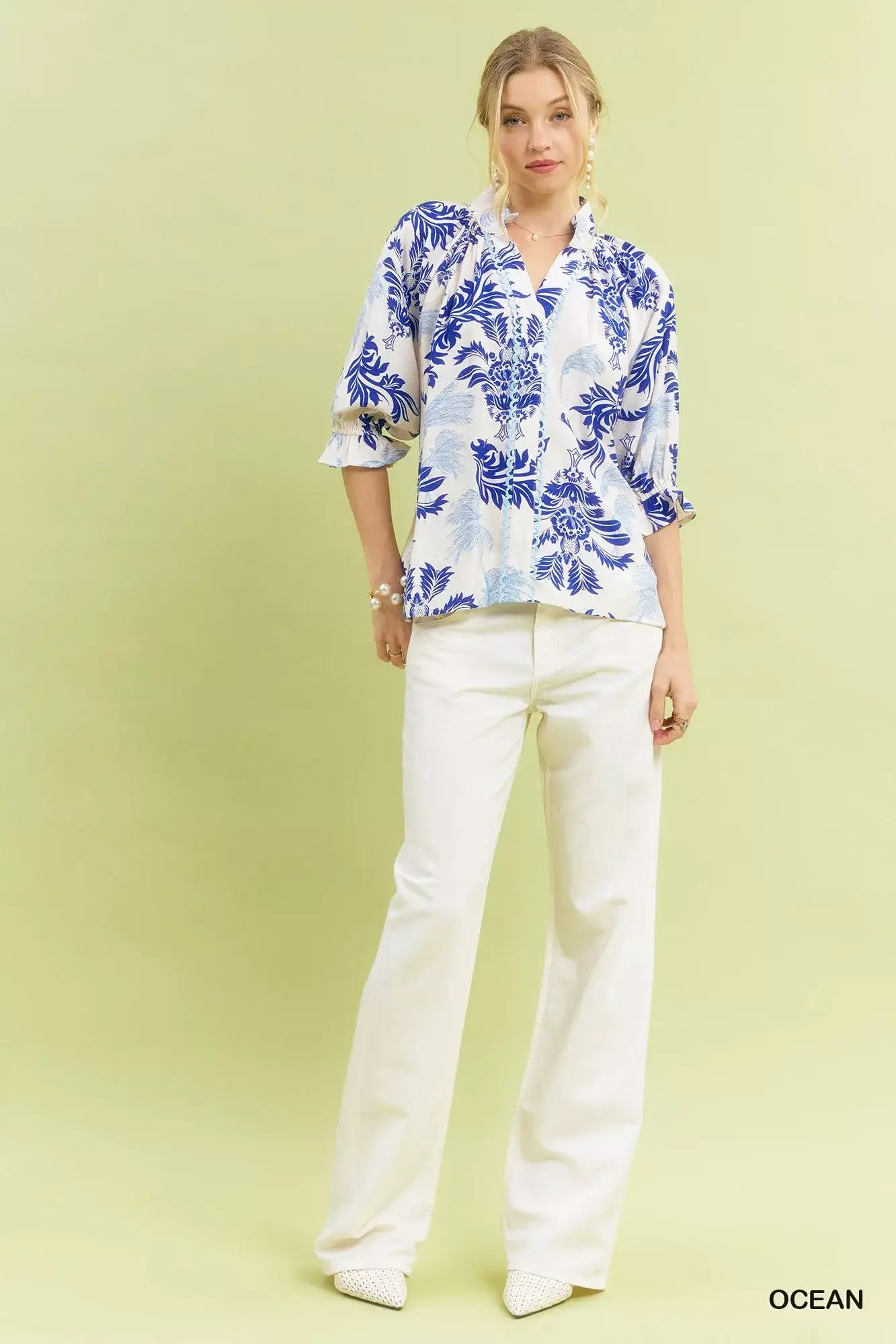 Umgee Leafy Damask Print Blouse with Contrast Scalloped Trim Detail - Print Blouse with Contrast Scalloped Trim