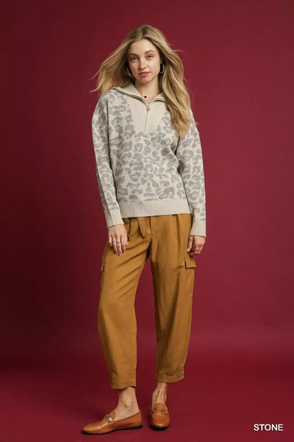 Umgee Leopard Print Quarter-Zip Knit Sweater
