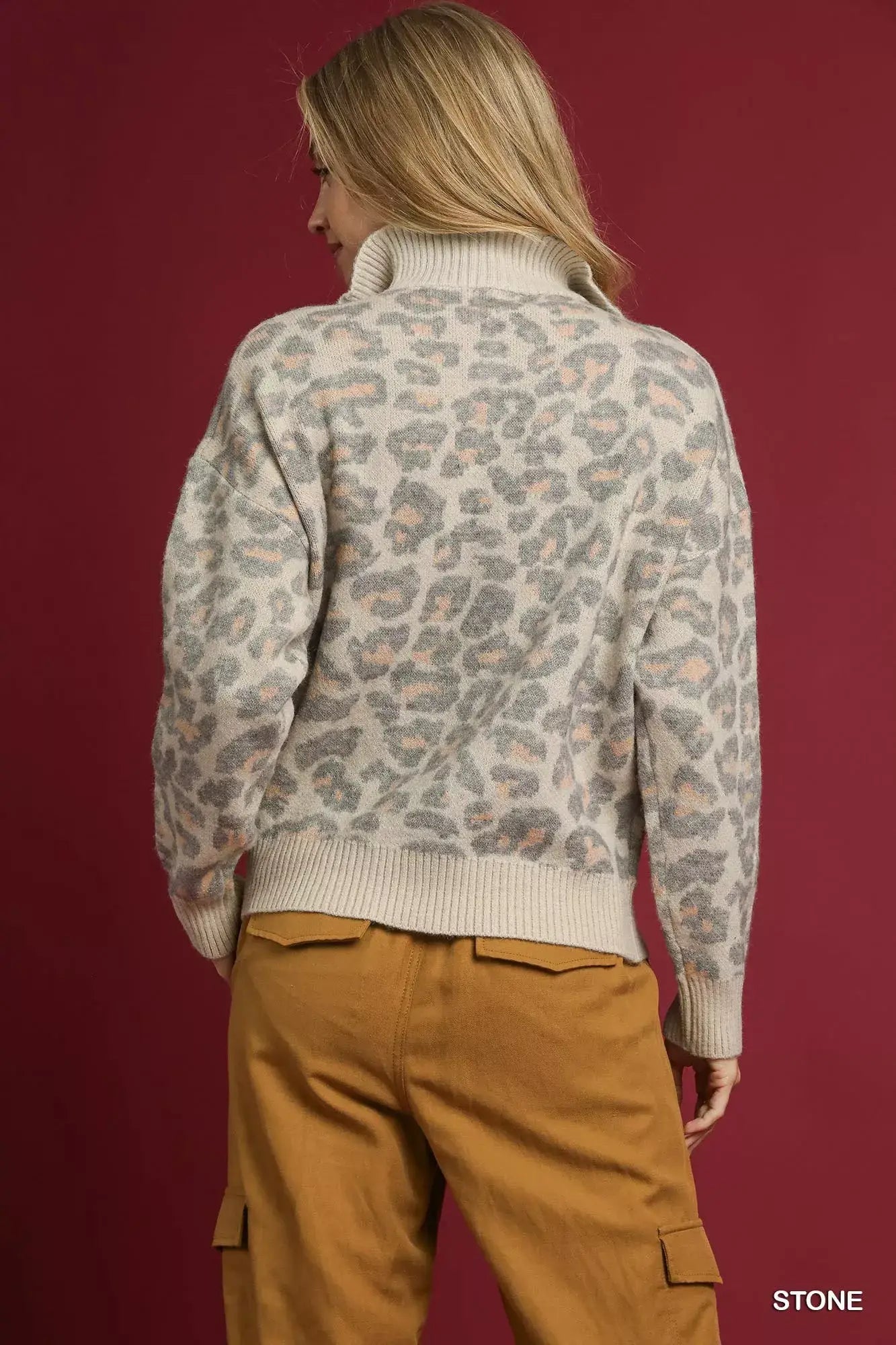Umgee Leopard Print Quarter-Zip Knit Sweater