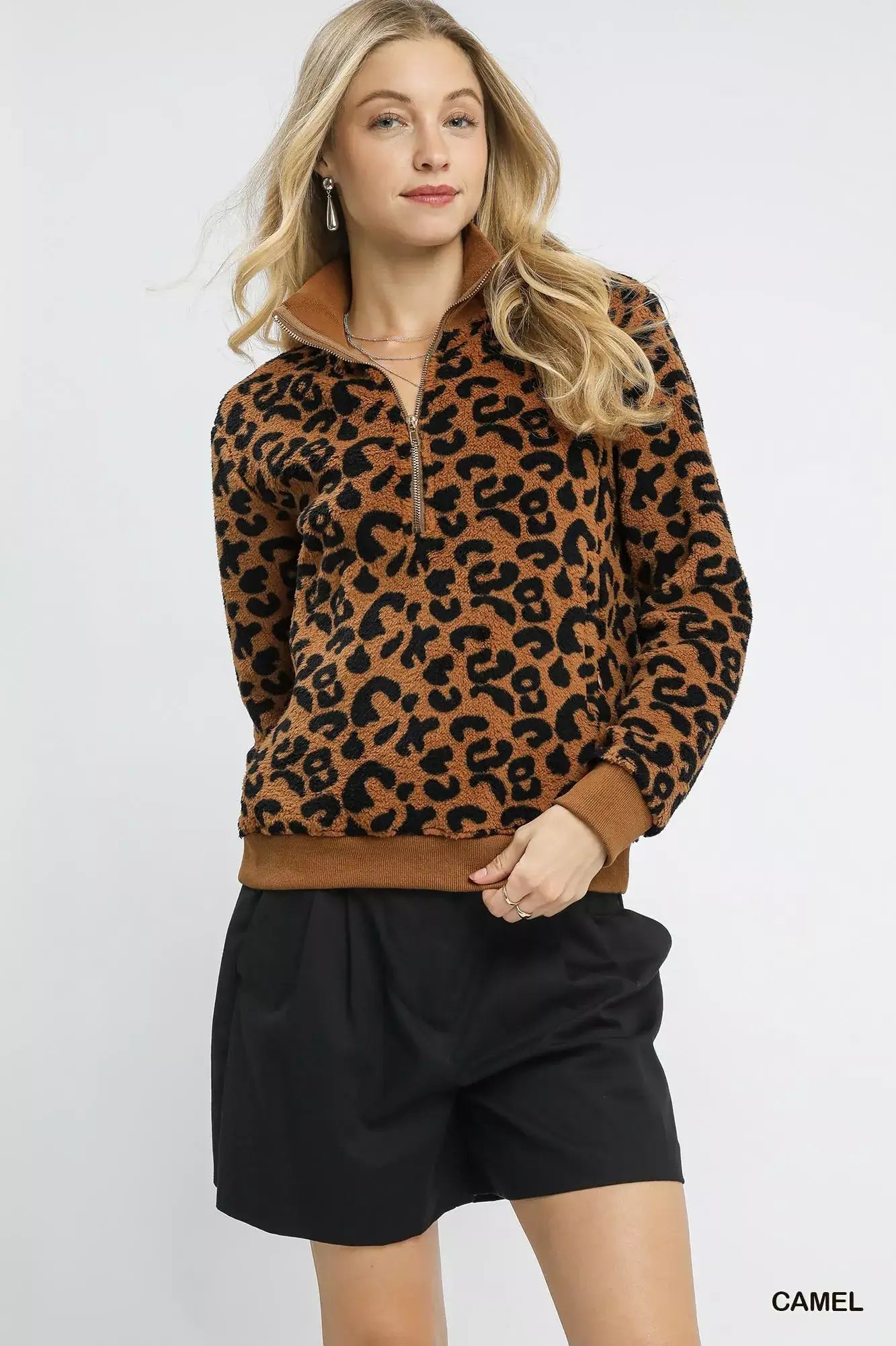 Umgee Leopard Print Quarter-Zip Sweatshirt - Sweatshirt