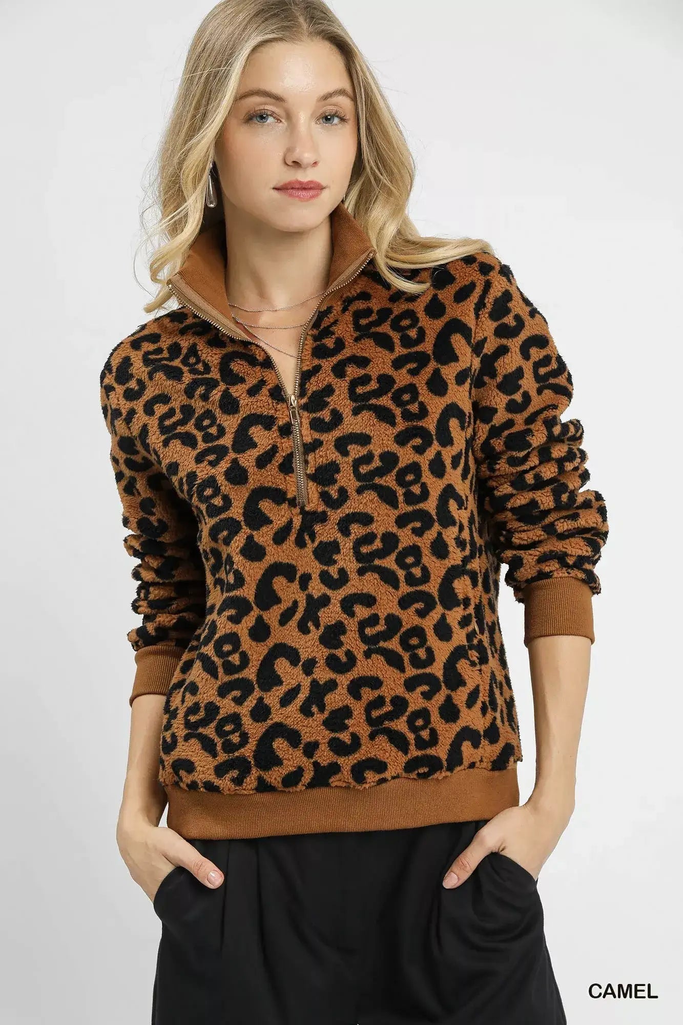 Umgee Leopard Print Quarter-Zip Sweatshirt - Camel / S - Sweatshirt