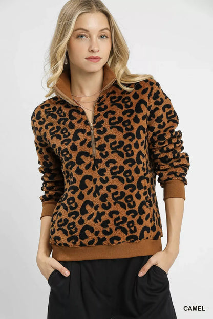Umgee Leopard Print Quarter-Zip Sweatshirt - Camel / S - Sweatshirt