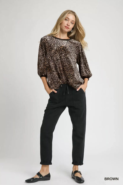 Umgee Leopard Round Neck Three-Quarter Sleeve Blouse