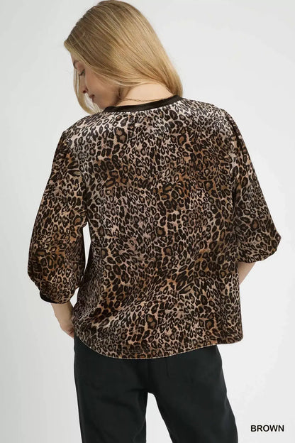 Umgee Leopard Round Neck Three-Quarter Sleeve Blouse