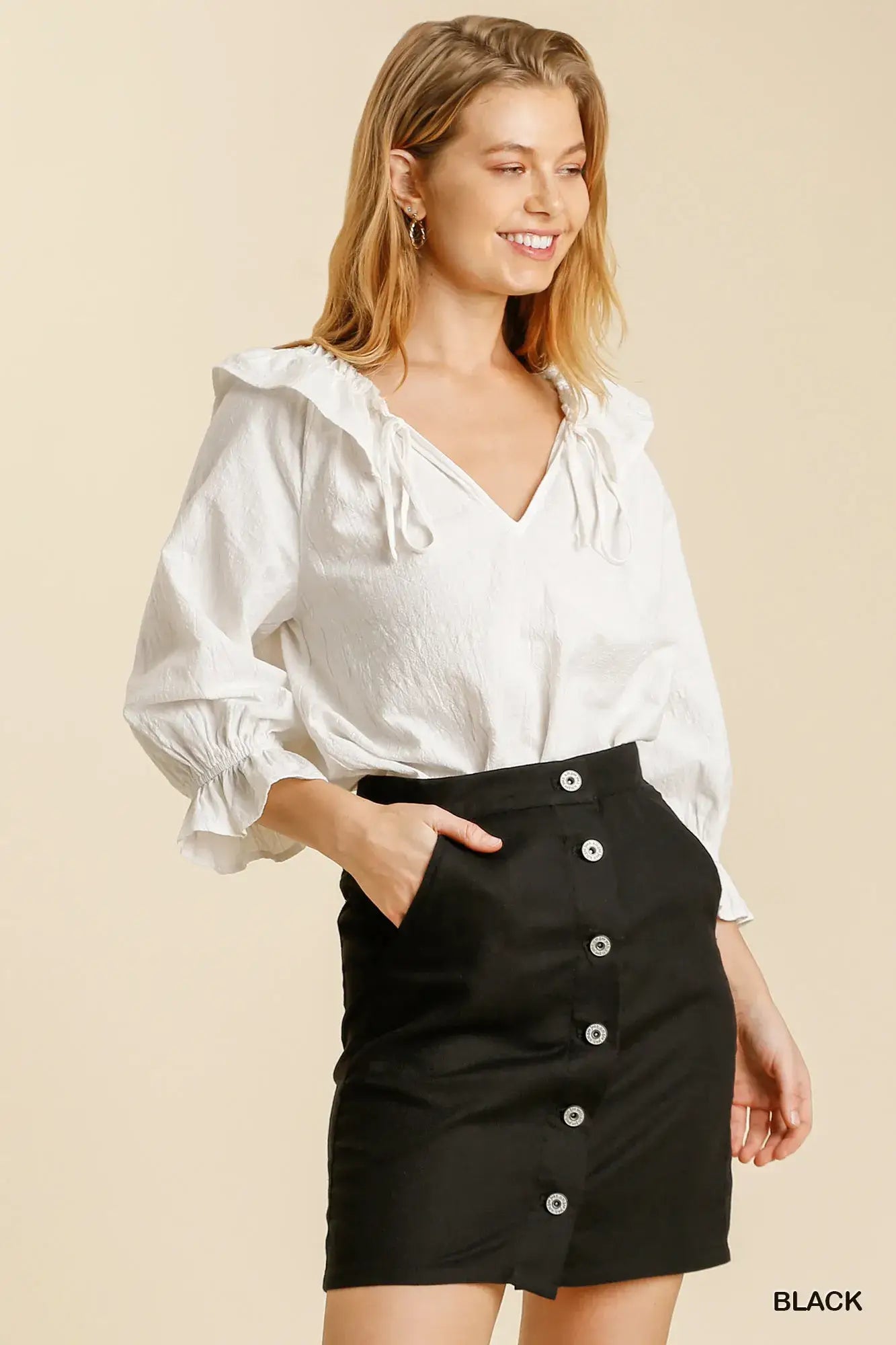 Umgee Linen Blend Button Down Skirt with Pockets - Black / S - Down Skirt with Pockets