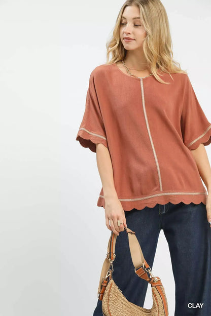 Umgee Linen Blend Scallop Trim Top