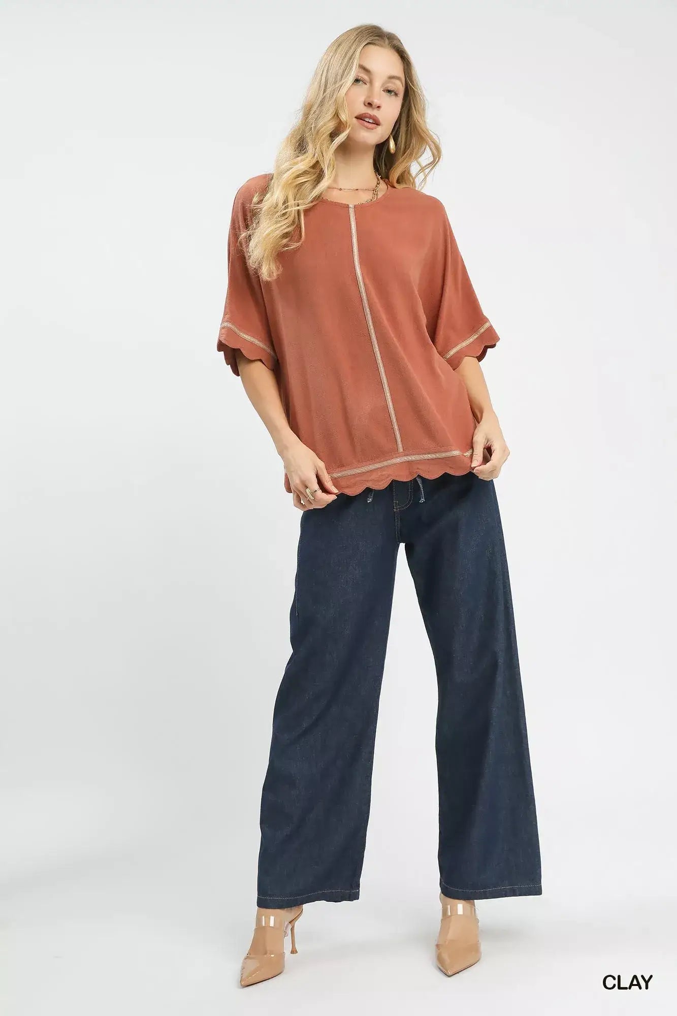 Umgee Linen Blend Scallop Trim Top