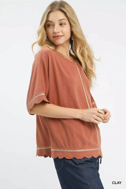 Umgee Linen Blend Scallop Trim Top