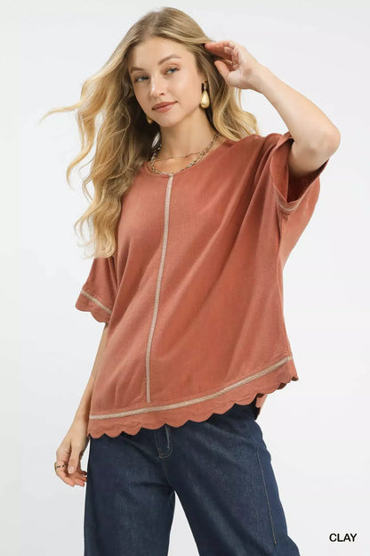 Umgee Linen Blend Scallop Trim Top - CLAY / S