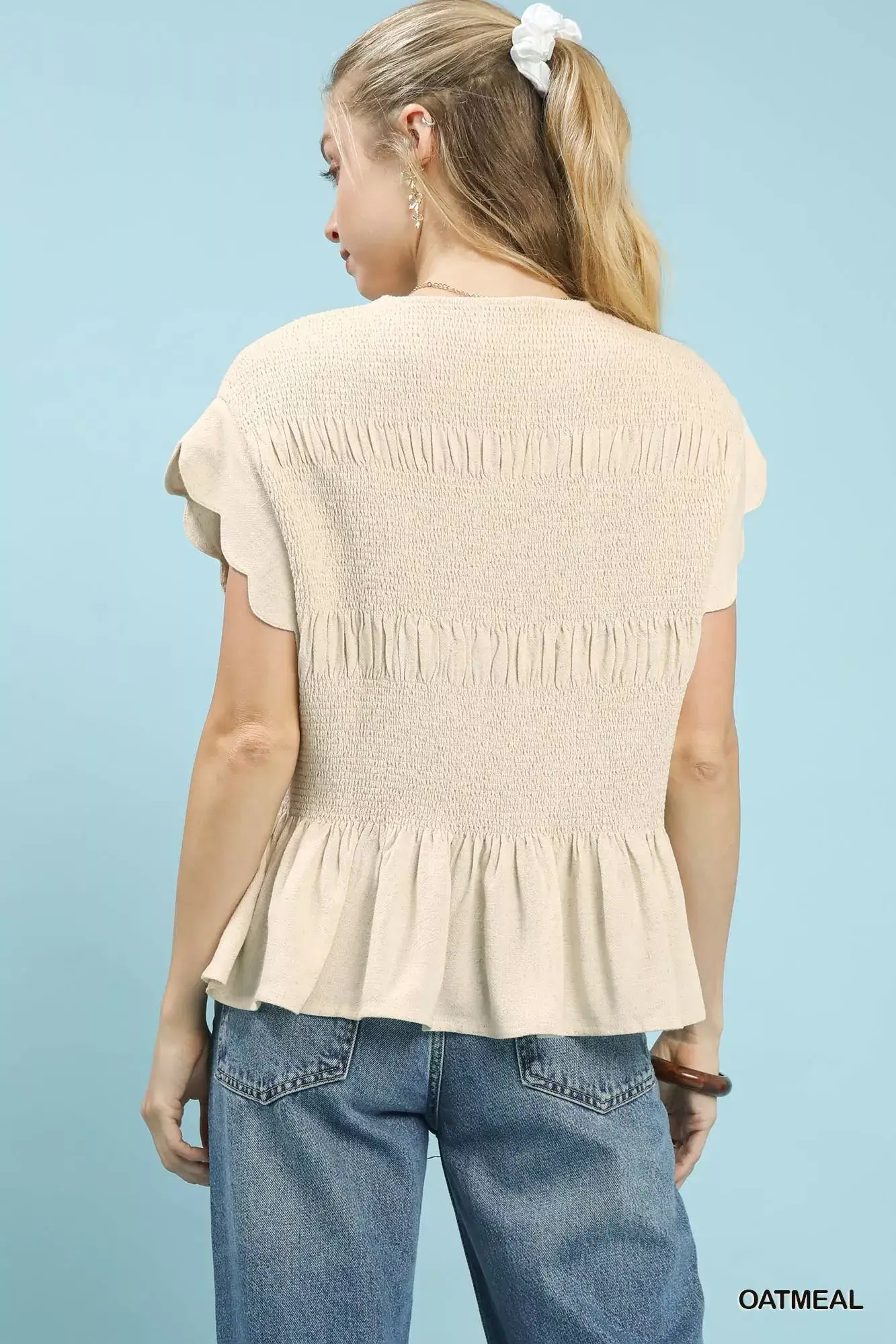 Umgee Linen Blend Smocked Peplum Blouse - Smocked Peplum Blouse