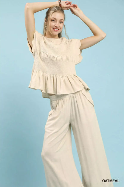 Umgee Linen Blend Smocked Peplum Blouse - Smocked Peplum Blouse