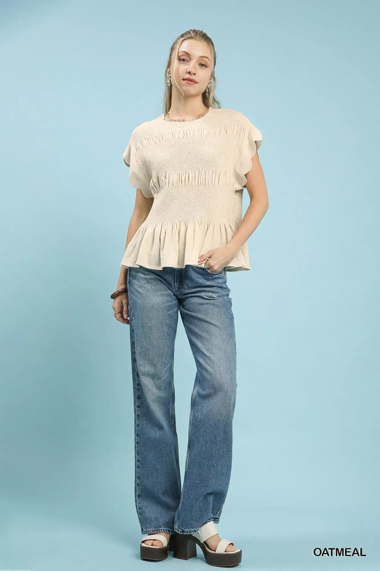 Umgee Linen Blend Smocked Peplum Blouse - Smocked Peplum Blouse