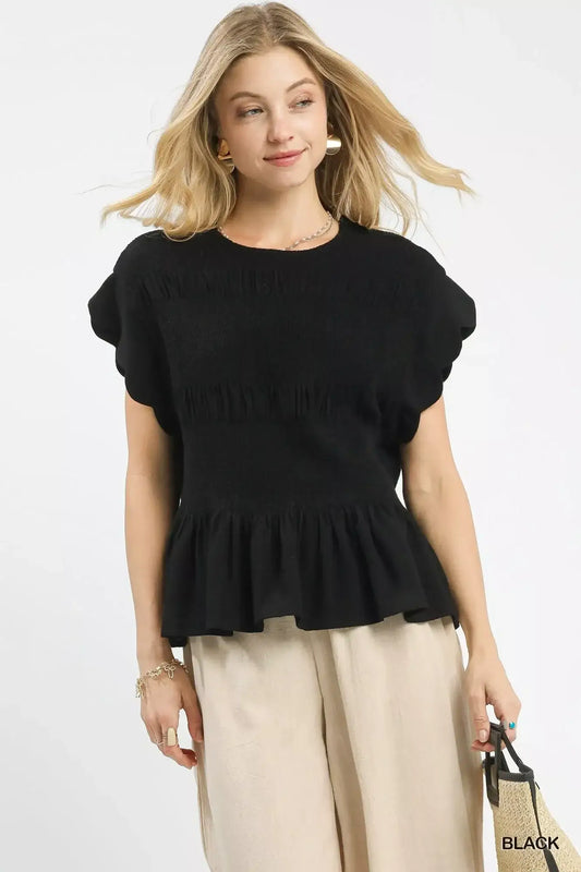 Umgee Linen Blend Smocked Peplum Blouse - Black / S - Smocked Peplum Blouse