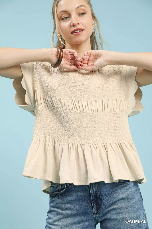 Umgee Linen Blend Smocked Peplum Blouse - OATMEAL / S - Smocked Peplum Blouse