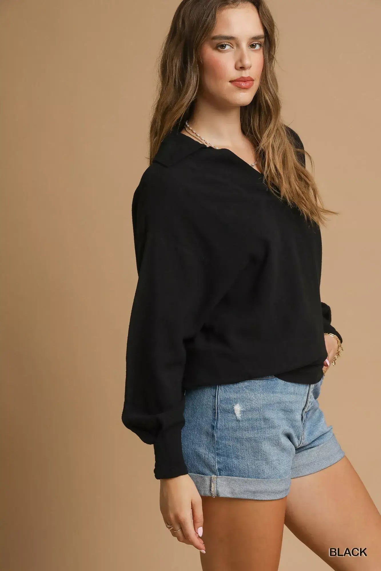 Umgee Linen Long Sleeves Elastic Hem Blouse