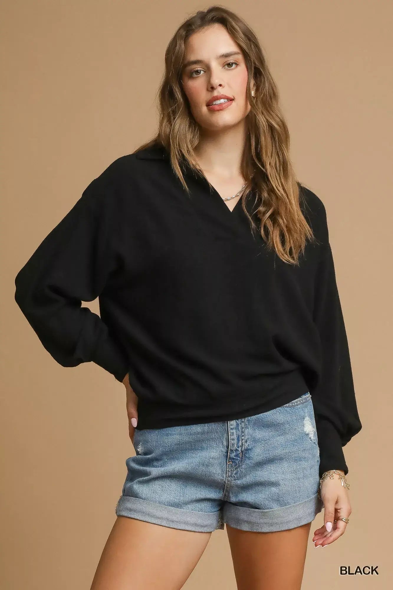 Umgee Linen Long Sleeves Elastic Hem Blouse - Black / S
