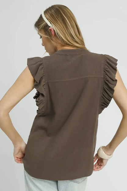 Brown linen ruffle sleeve blouse with elastic waistband and white headband from Umgee Linen Ruffle collection