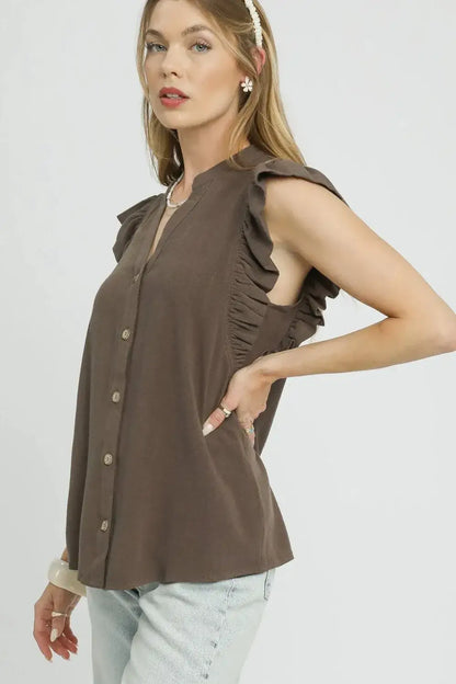Brown linen ruffle sleeve blouse with button-down front from Umgee Linen Ruffle collection
