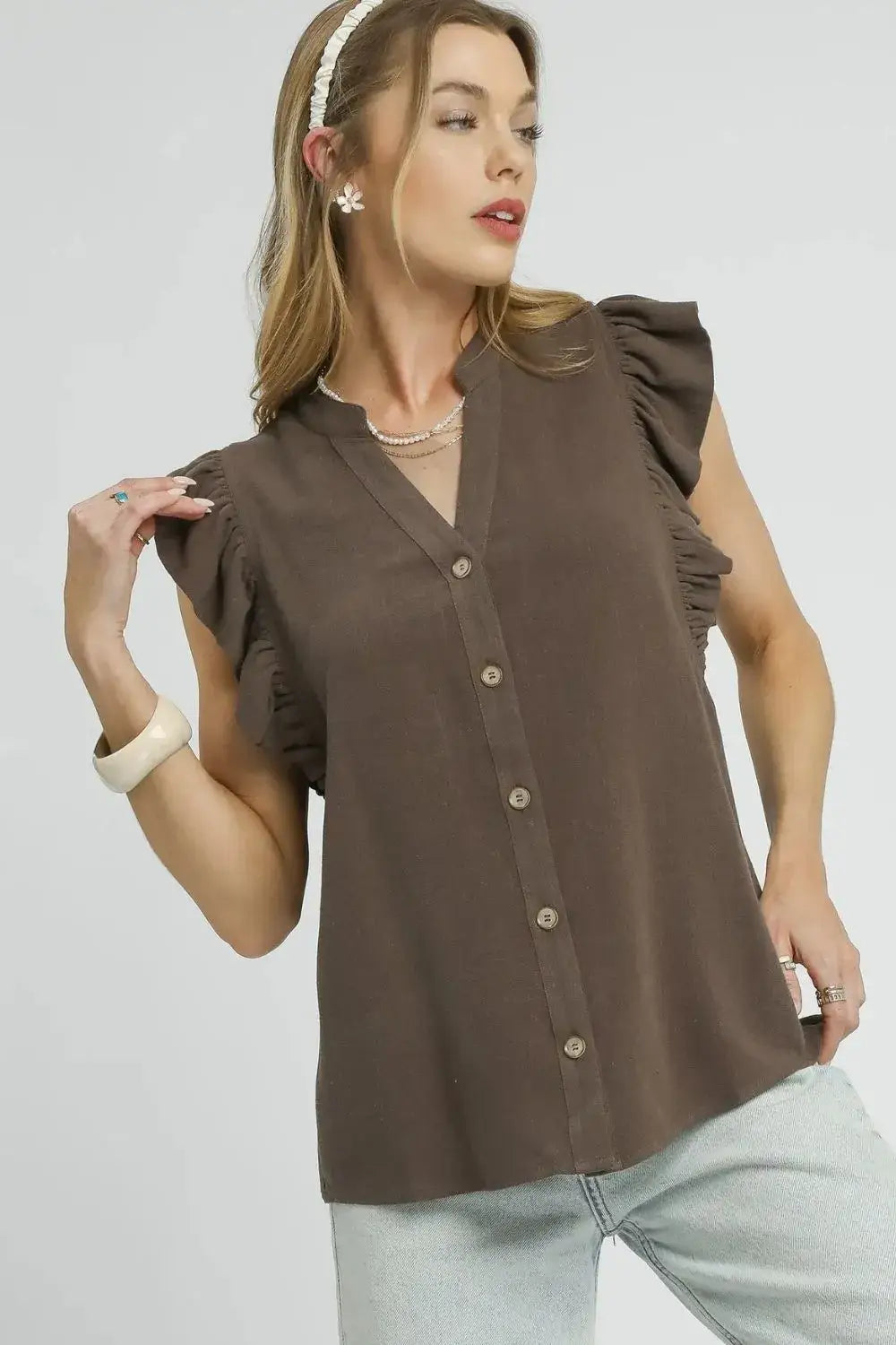Umgee Linen Ruffle Sleeve Button-Down Shirt with brown ruffled sleeves and white trim