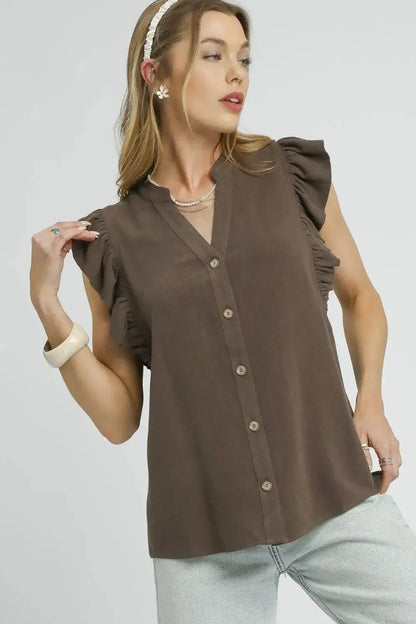 Umgee Linen Ruffle Sleeve Button-Down Shirt with brown ruffled sleeves and white trim