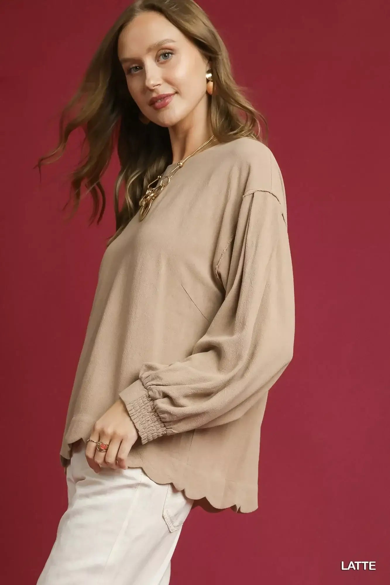 Umgee Linen Scallop Hem Long Sleeve Blouse