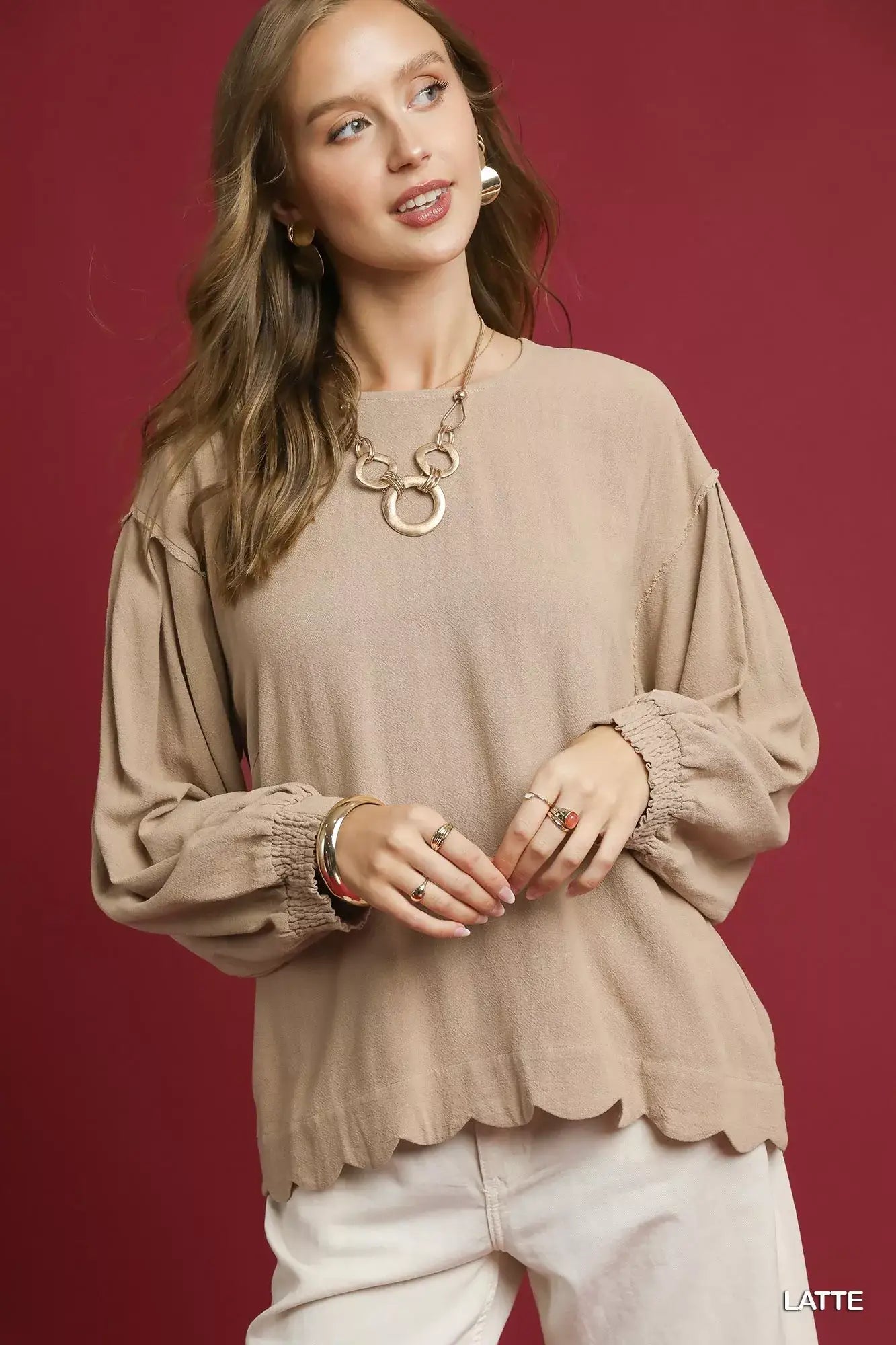 Umgee Linen Scallop Hem Long Sleeve Blouse - LATTE / S