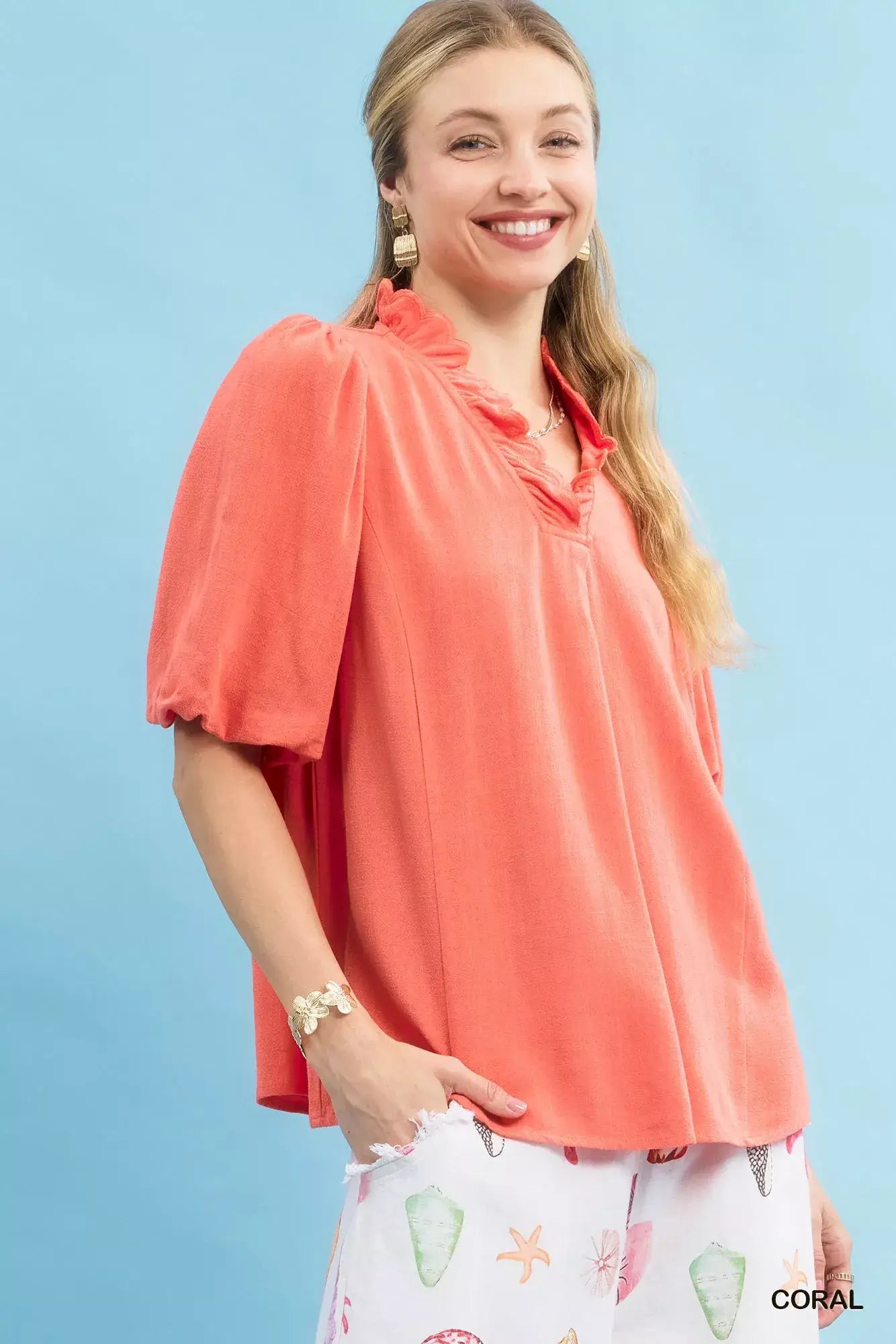 Umgee Linen Scallop Trim V-Neck Blouse