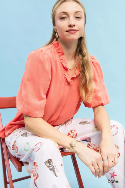 Umgee Linen Scallop Trim V-Neck Blouse