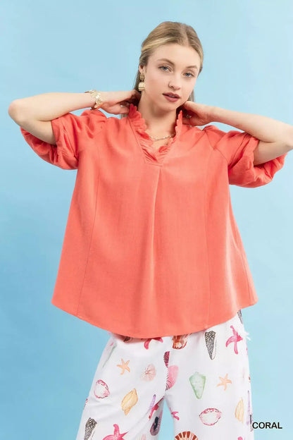 Umgee Linen Scallop Trim V-Neck Blouse - CORAL / S