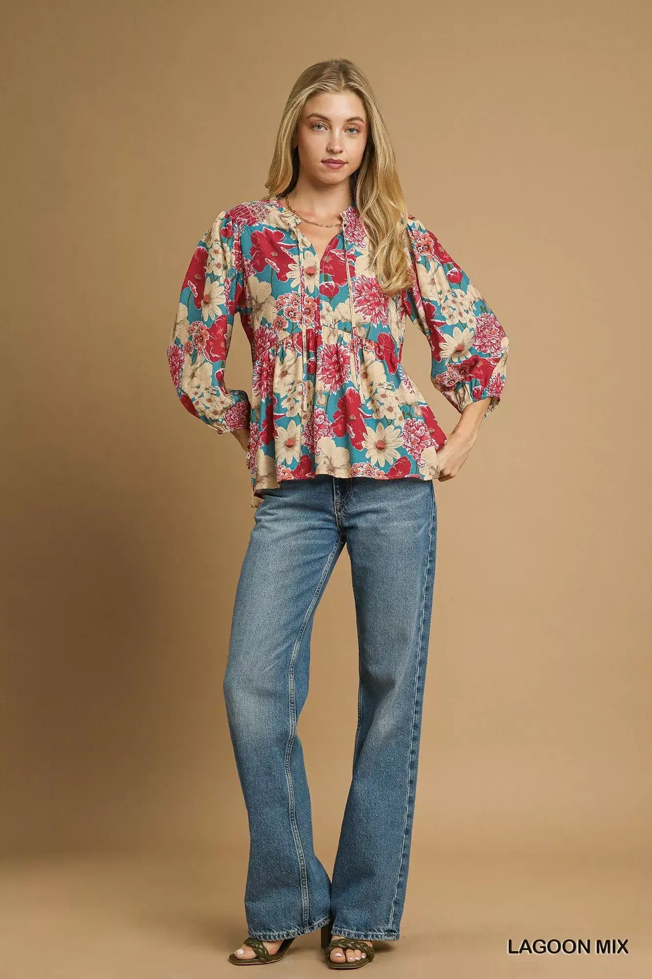 Umgee Mix Floral Peplum Blouse with Tie Neck - Blouse with Tie Neck