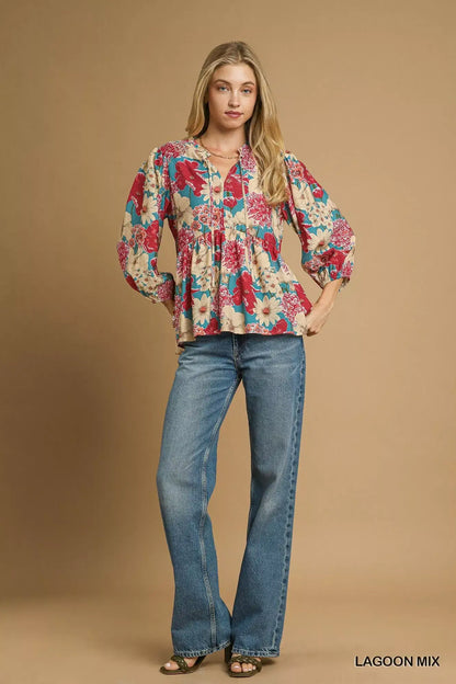 Umgee Mix Floral Peplum Blouse with Tie Neck - Blouse with Tie Neck
