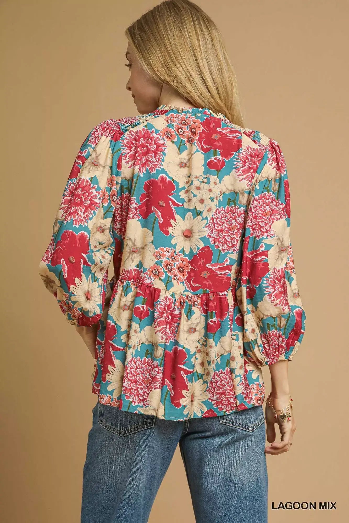 Umgee Mix Floral Peplum Blouse with Tie Neck - Blouse with Tie Neck