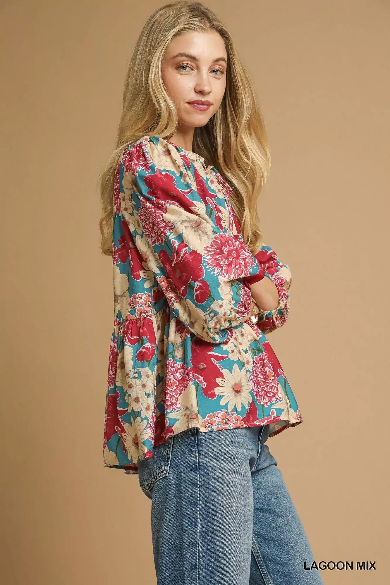 Umgee Mix Floral Peplum Blouse with Tie Neck - Blouse with Tie Neck