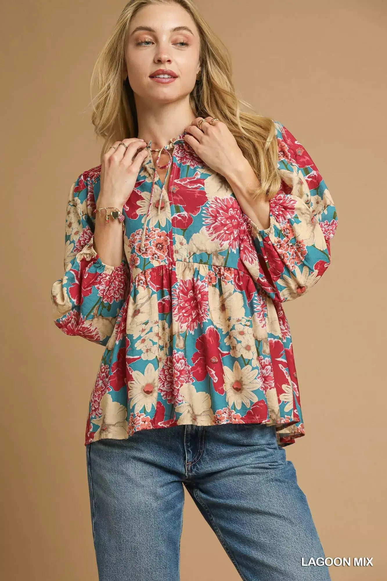 Umgee Mix Floral Peplum Blouse with Tie Neck - LAGOON MIX / S - Blouse with Tie Neck