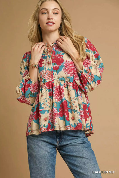 Umgee Mix Floral Peplum Blouse with Tie Neck - LAGOON MIX / S - Blouse with Tie Neck