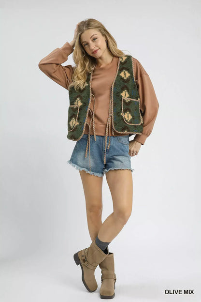 Umgee Mix Patterned Sherpa Tie-Front Vest - Sherpa Tie-Front Vest