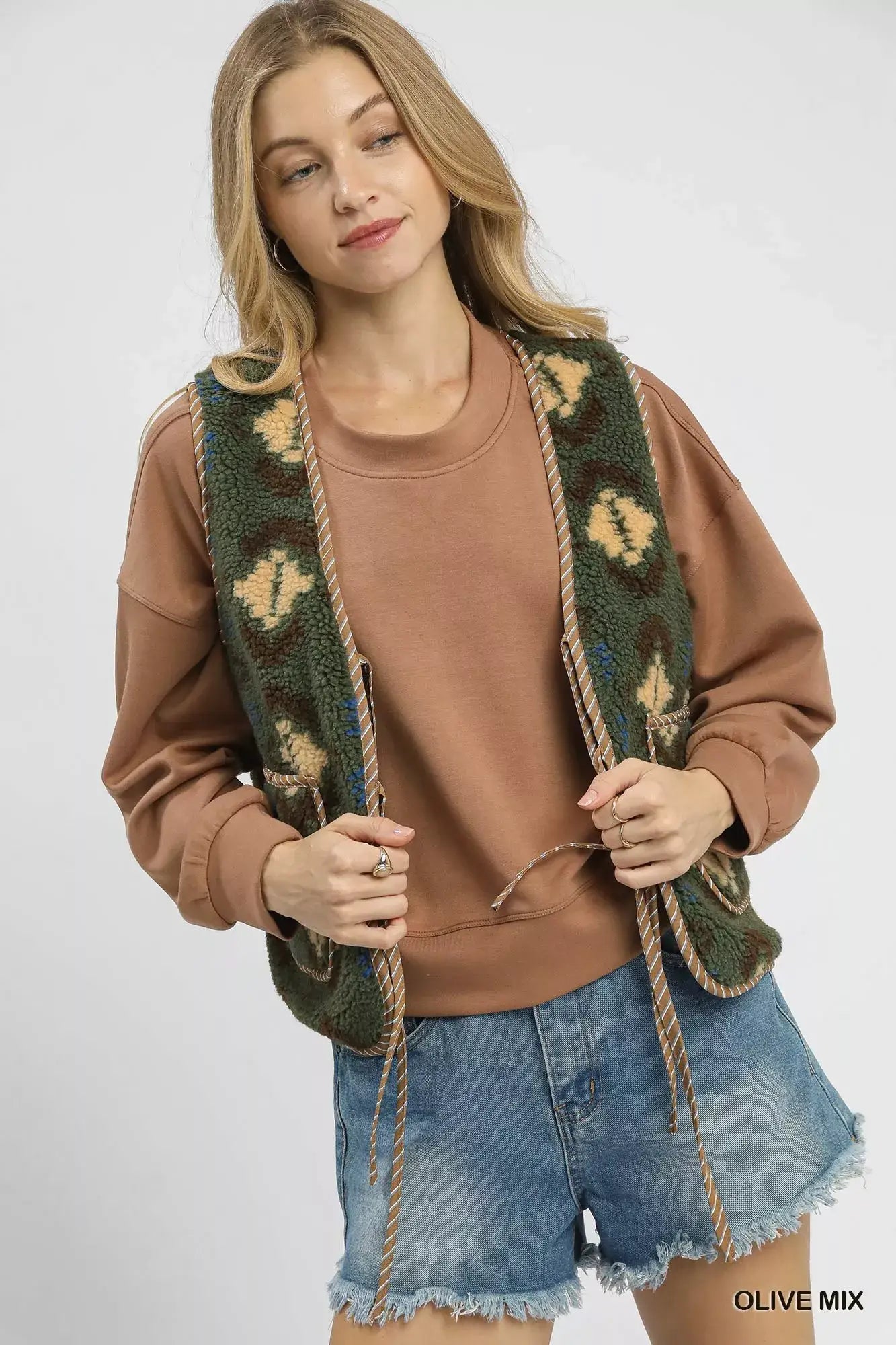 Umgee Mix Patterned Sherpa Tie-Front Vest - Sherpa Tie-Front Vest
