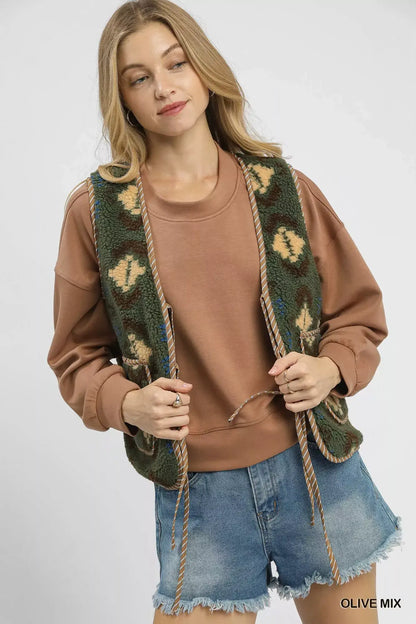 Umgee Mix Patterned Sherpa Tie-Front Vest - Sherpa Tie-Front Vest