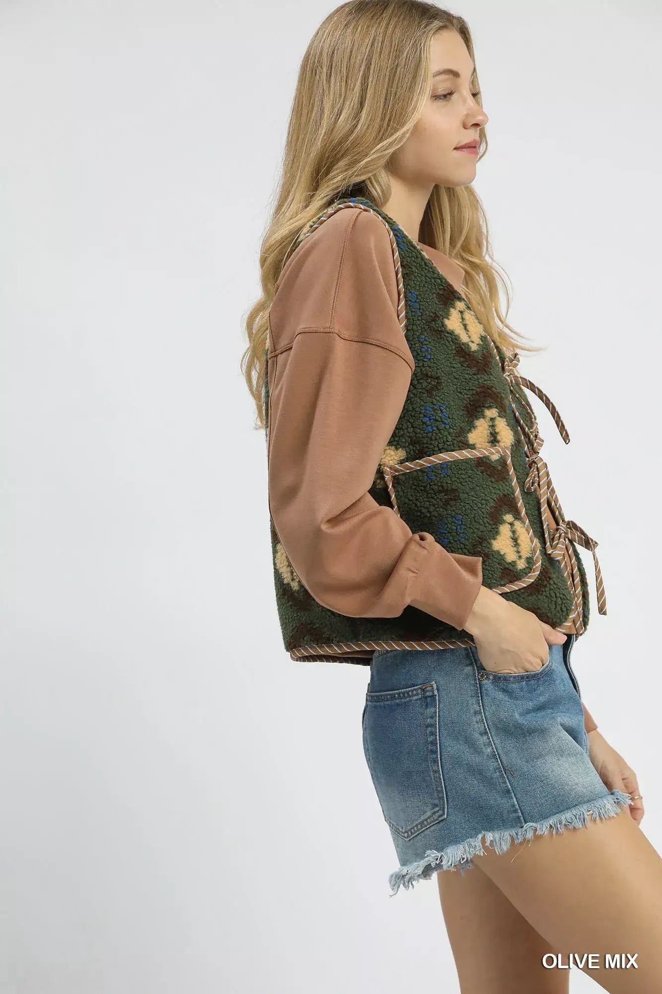 Umgee Mix Patterned Sherpa Tie-Front Vest - Sherpa Tie-Front Vest