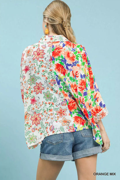 Umgee Mixed Floral Oversized Button Down Shirt - Oversized Button Down Shirt
