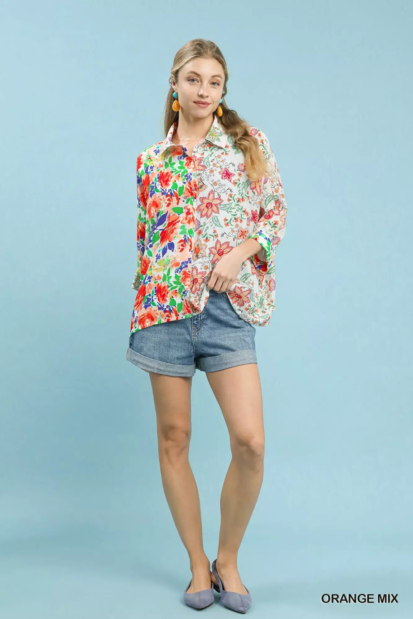 Umgee Mixed Floral Oversized Button Down Shirt - Oversized Button Down Shirt