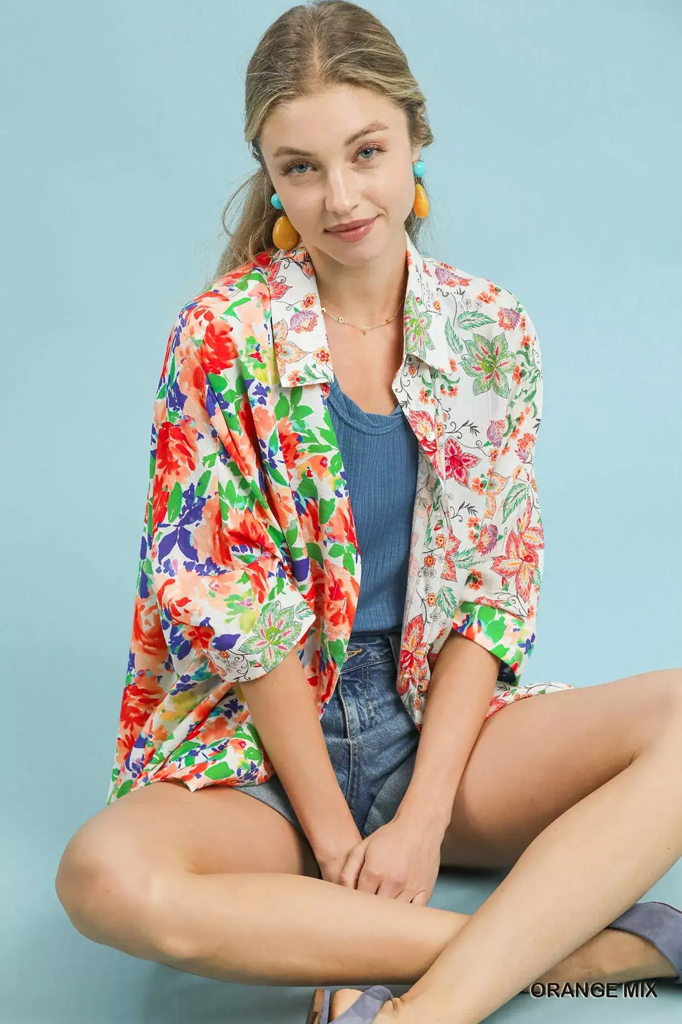 Umgee Mixed Floral Oversized Button Down Shirt - Oversized Button Down Shirt