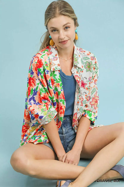 Umgee Mixed Floral Oversized Button Down Shirt - Oversized Button Down Shirt