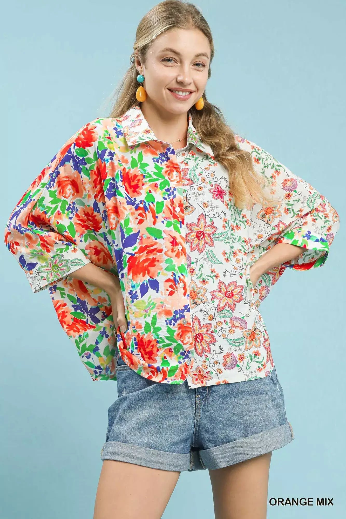 Umgee Mixed Floral Oversized Button Down Shirt - ORANGE MIX / S - Oversized Button Down Shirt