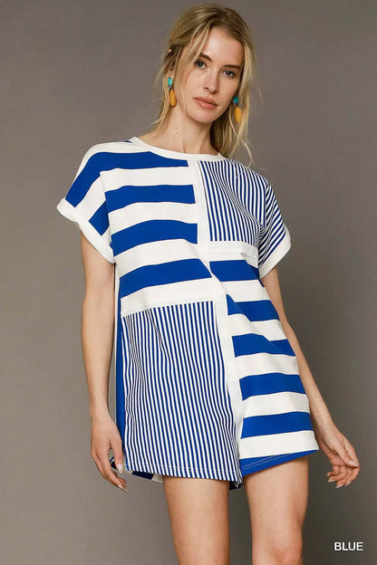 Umgee Mixed Striped Short Sleeve Romper - Blue / S - Apparel & Accessories > Clothing > One-Pieces > Jumpsuits & Rompers