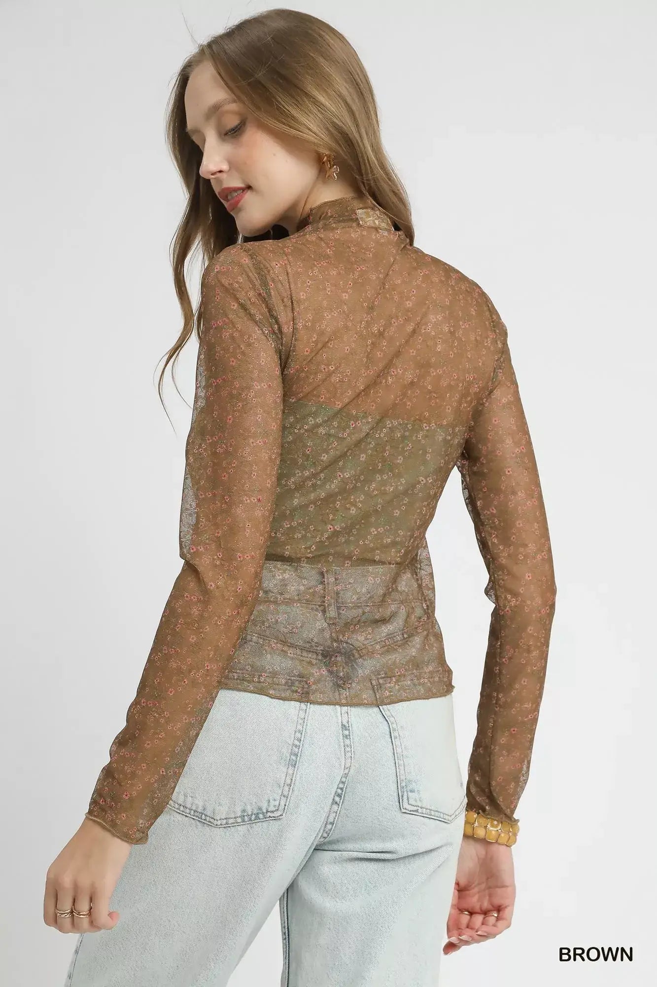 Umgee Nylon Lace Mesh Long Sleeve Top