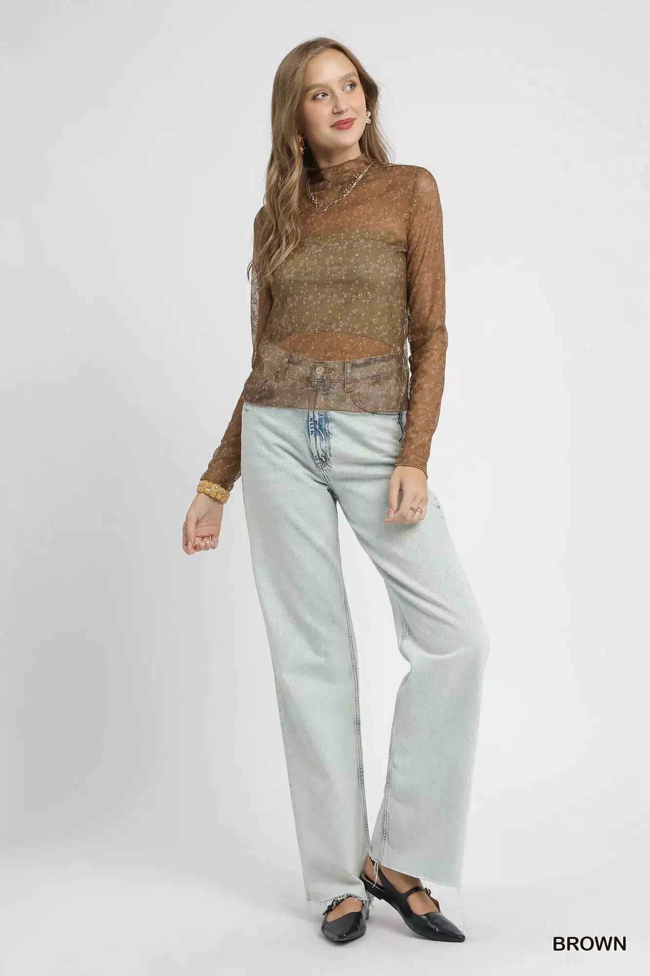 Umgee Nylon Lace Mesh Long Sleeve Top