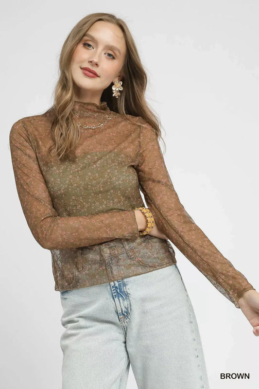 Umgee Nylon Lace Mesh Long Sleeve Top - Brown / S