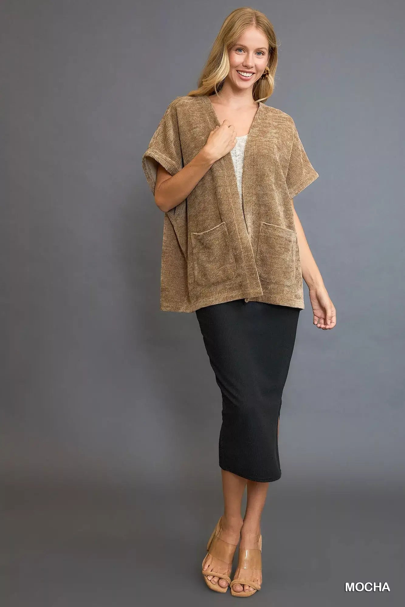 Umgee Open Front Knit Cardigan with Front Pockets
